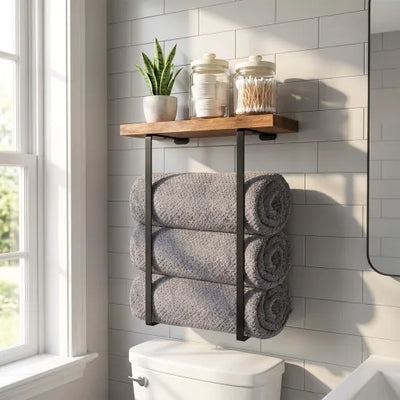 Wall-Mounted Towel Rack with Wooden Shelf